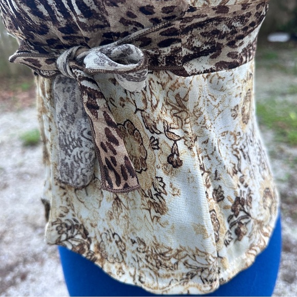 Vintage 90s Clio Cream Animal Print Short Sleeve Wrap Top Women’s Size Small EUC - Picture 10 of 16